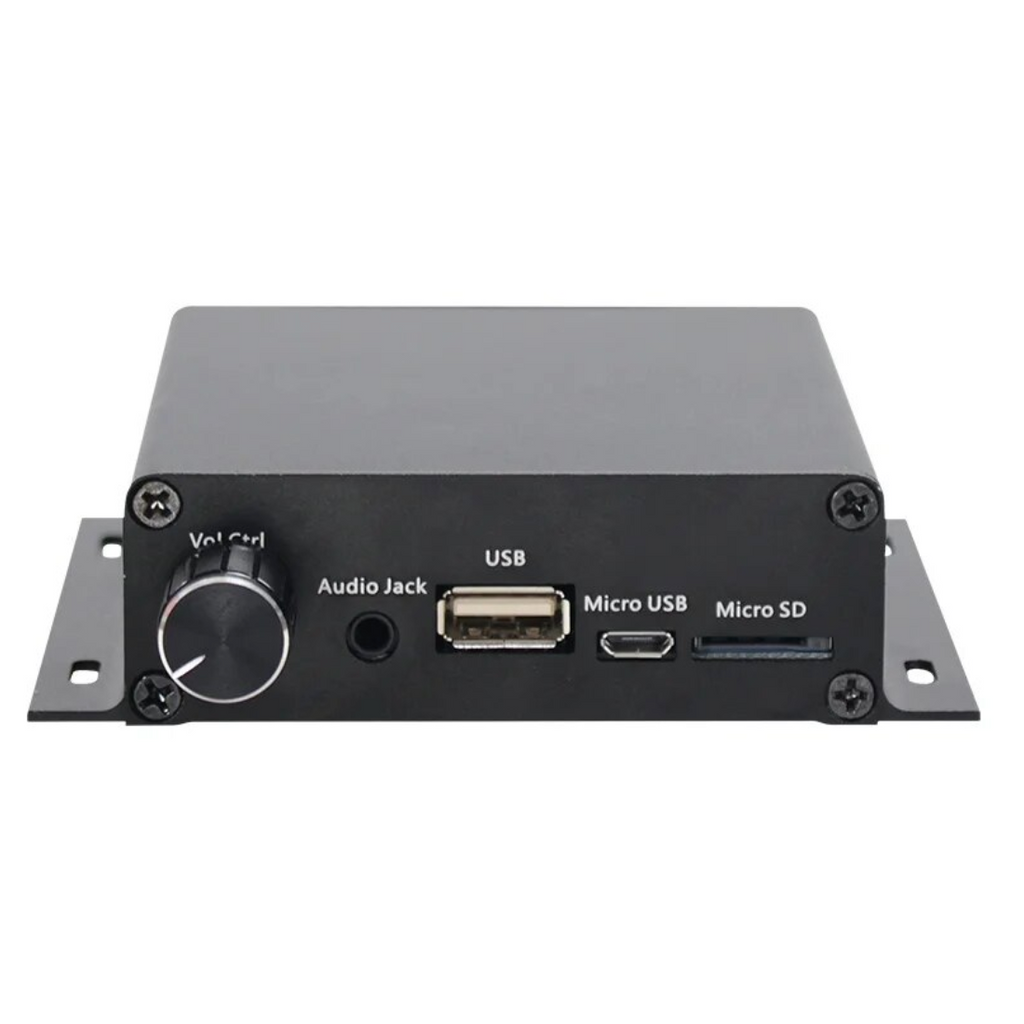 EV sounder for pedestrian alerts, Black PAWS-EX unit, control and ports end viewfrom 8Wired