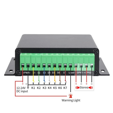 EV sounder for pedestrian alerts, Black PAWS-EX unit, terminal block end with wiring legend from 8Wired