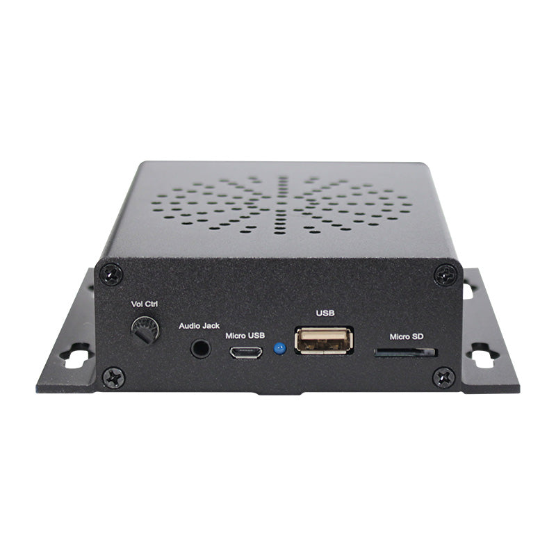 Black PAWS unit, volume control & USB file uploading end view from 8Wired