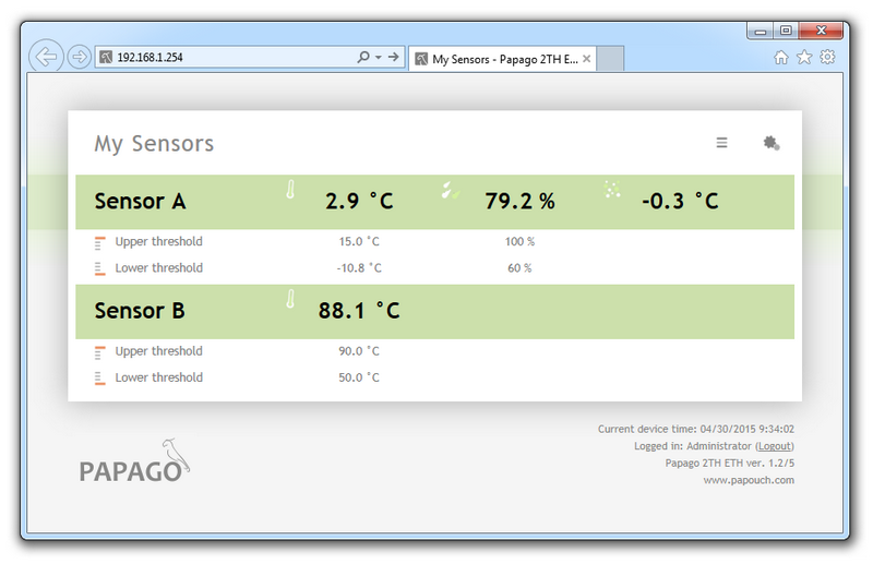 The Humidity / Temperature PoE Ethernet Thermometer - Papago 2TH 2-Channel environmental monitoring solution, with humidity and temperature sensor options, over Ethernet