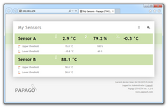 1 humidity and temperature sensor thermometer on PoE capable networked Ethernet monitoring unit, dual sensor ports, with email alerts, web interface (model: Papago-2TH-Eth-1THD)