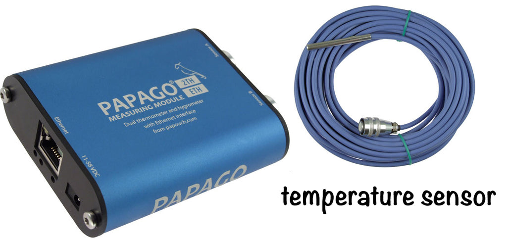 1 humidity and temperature sensor plus 1 temperature only thermometers on PoE capable networked Ethernet monitoring unit, dual sensor ports, with email alerts, web interface (model: Papago-2TH-Eth-TS-THD)