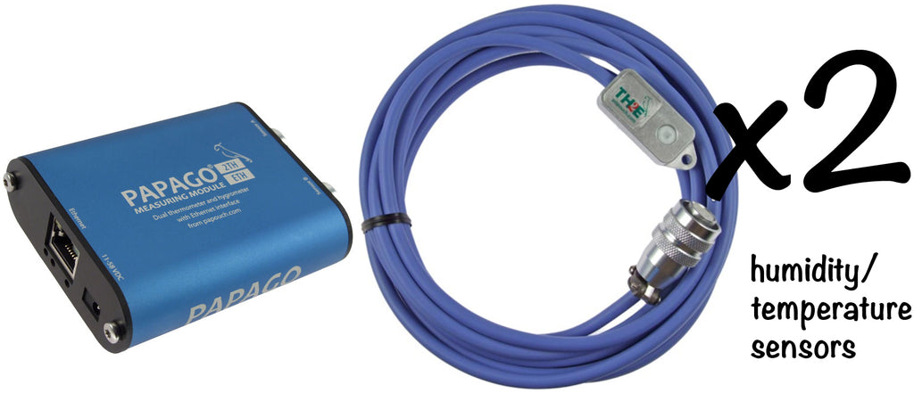 2 humidity and temperature sensors / thermometers on PoE capable networked Ethernet monitoring unit, dual sensor ports, with email alerts, web interface. Model: Papago-2TH-Eth-2THD