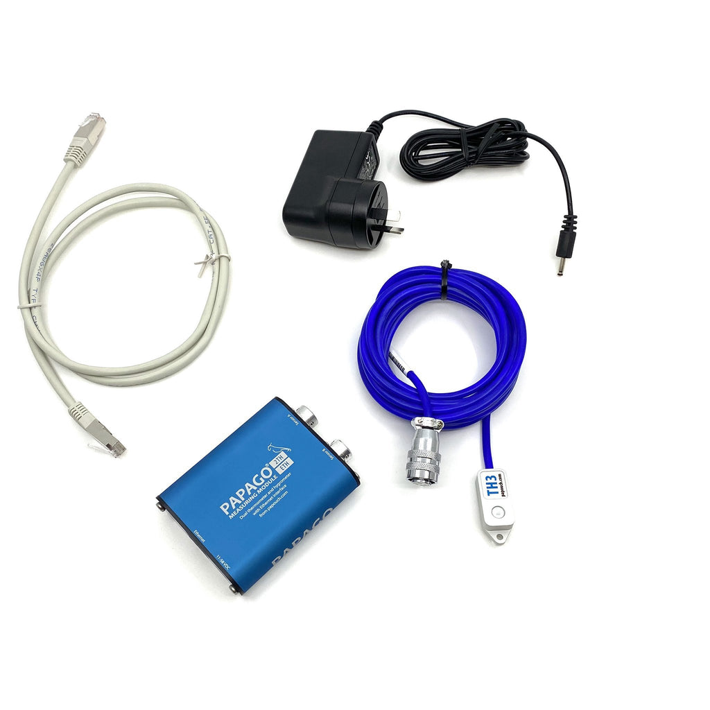 1 humidity and temperature sensor thermometer on PoE capable networked Ethernet monitoring unit, dual sensor ports, with email alerts, web interface (model: Papago-2TH-Eth-1THD)