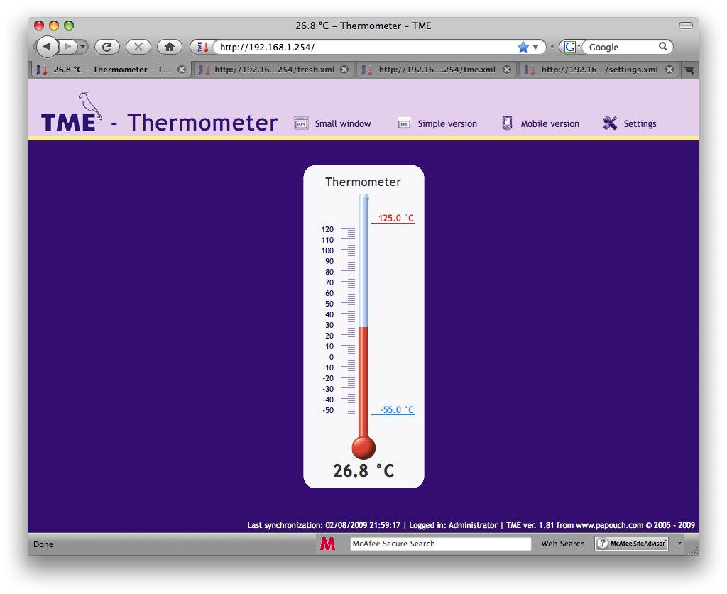 Temperature monitoring from any standard web browser, including mercurial scale