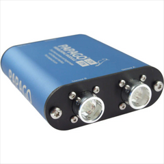 Blue and black electronic device with two visible lights on a white background. The Papago environmental control sensor unit, from 8Wired Australia.