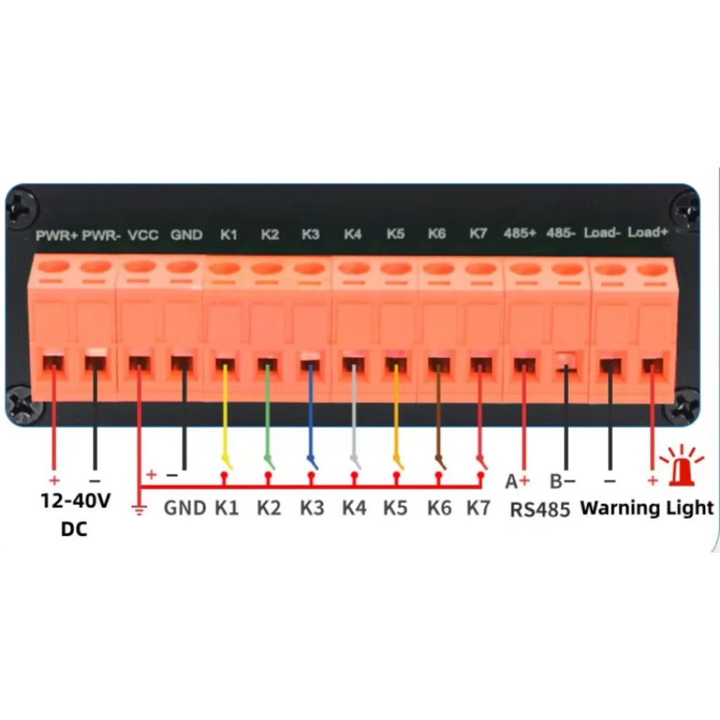 Electrical terminal block with labeled connections on a white background. EV Pedestrian Alert Warning System Black PAWS unit, positive model with organge terminal block end from 8Wired