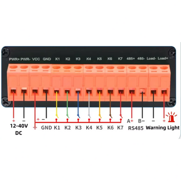 Electrical terminal block with labeled connections on a white background. EV Pedestrian Alert Warning System Black PAWS unit, positive model with organge terminal block end from 8Wired