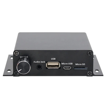 EV sounder for pedestrian alerts, Black PAWS-EX unit, control and ports end viewfrom 8Wired
