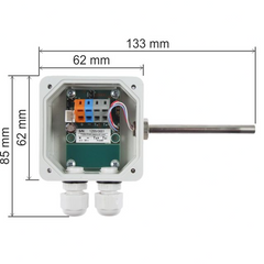 Measurement dimensions of an TQS4-O Temperature sensor over RS485 electronic device with a white background