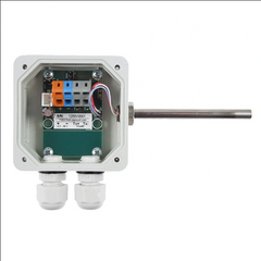 TQS4-O Temperature sensor over RS485 showing terminal block and probe