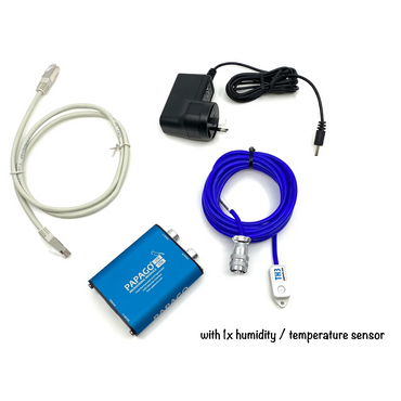 Electronic components including a blue device, cables, and adapter on a white background. Networked environmental sensor with 1x combined humidity & temperature sensor. Networked environmental sensor with 1x combined humidity & temperature sensor