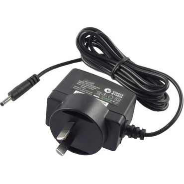 Black power adapter with a coiled cable on a white background, TME Ethernet Thermometer Standard 240v Australian Power Supply from 8wired. Also suits American Innovative Teach Me Time clocks.