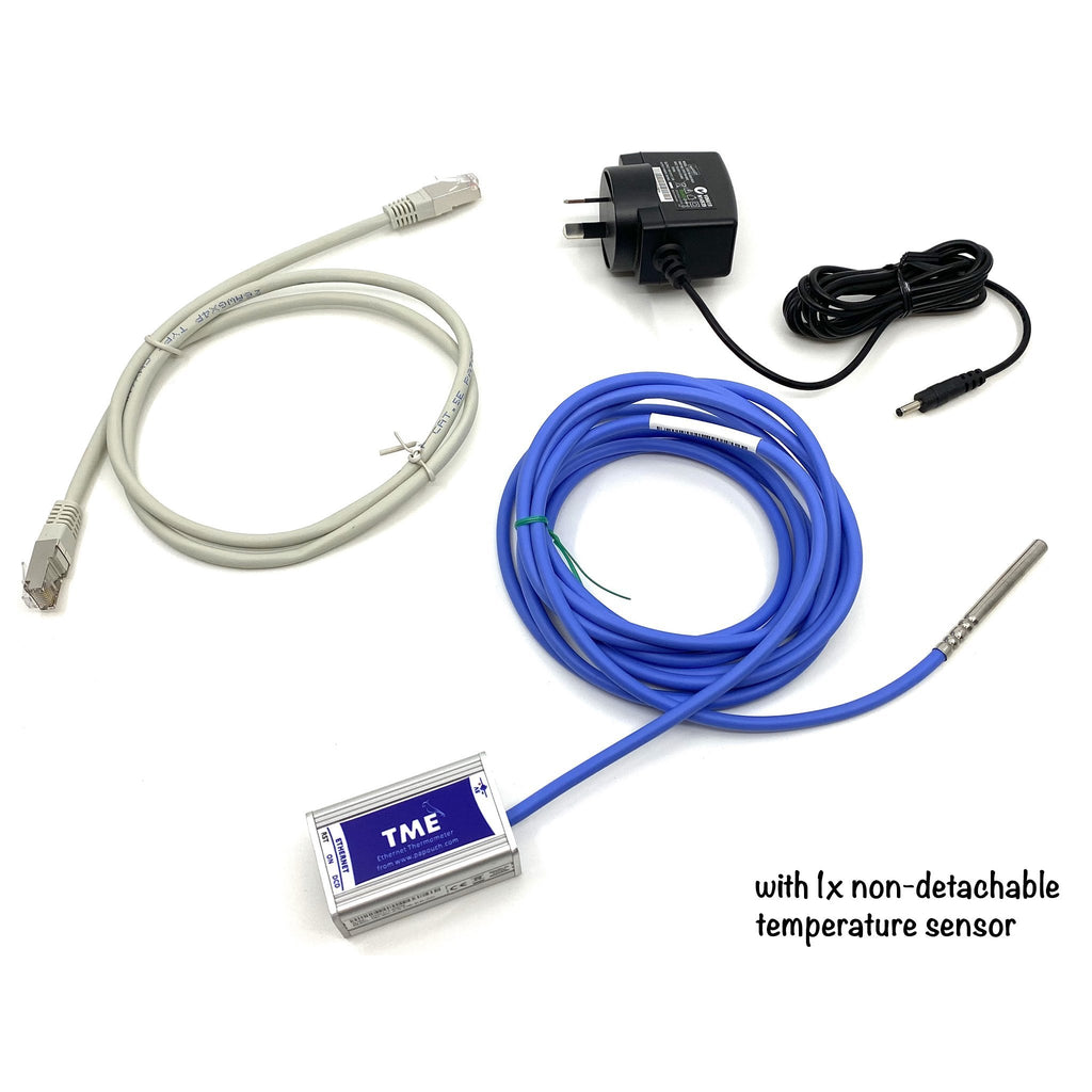 Ethernet thermometer with non-detachable sensor lead, with power supply and accessories, from 8Wired