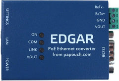 EGDAR POE Ethernet Serial Converter device, aerial face profile. Available from 8wired.com.au