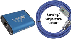 1 humidity and temperature sensor plus 1 temperature only thermometers on PoE capable networked Ethernet monitoring unit, dual sensor ports, with email alerts, web interface (model: Papago-2TH-Eth-TS-THD)